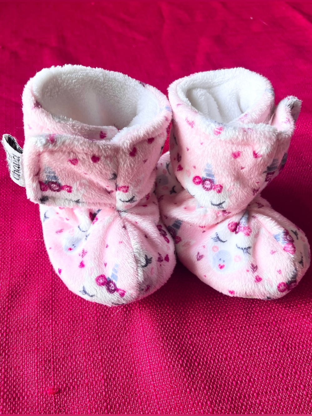Bébé O Chaud Pink Unicorn Plush Velcro Slippers Booties Size 18-24 Months